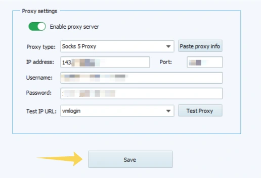 Saving proxy settings in VMLogin after a successful connection test.