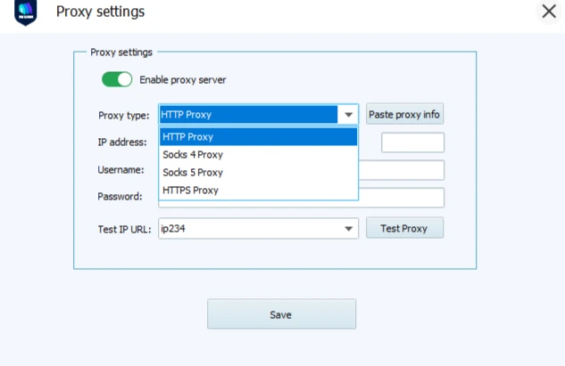 Selecting the proxy type in VMLogin.