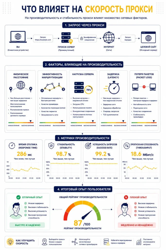 Инфографика о факторах, влияющих на скорость прокси: задержка, потеря пакетов, нагрузка сервера и маршрутизация.