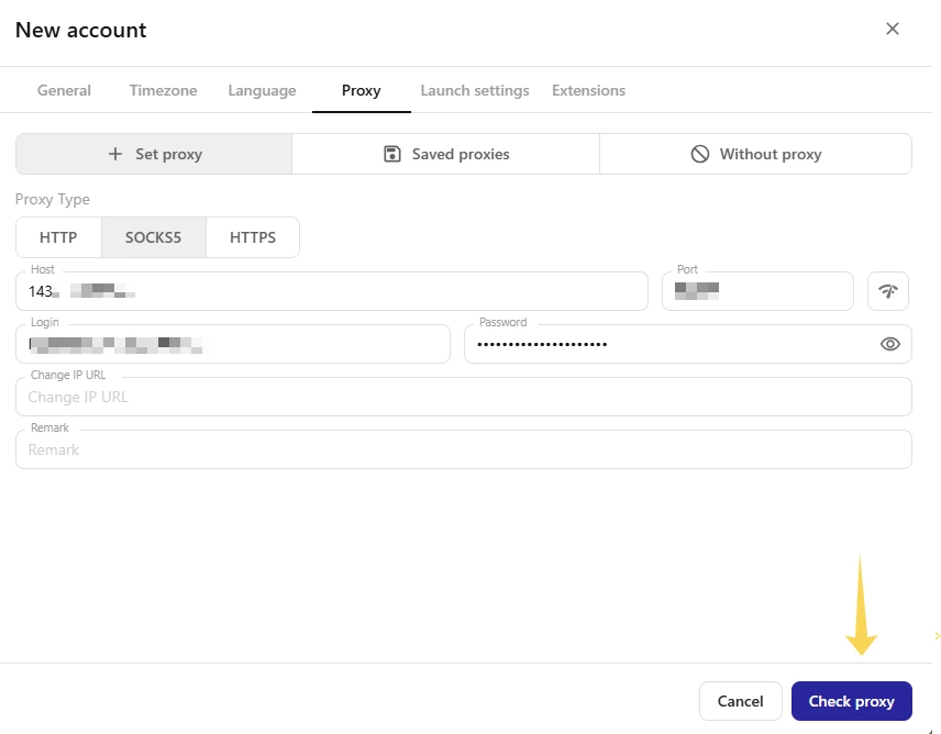 Proxy configuration form in Afina with HTTP, HTTPS, and SOCKS5 options and a connection test button.