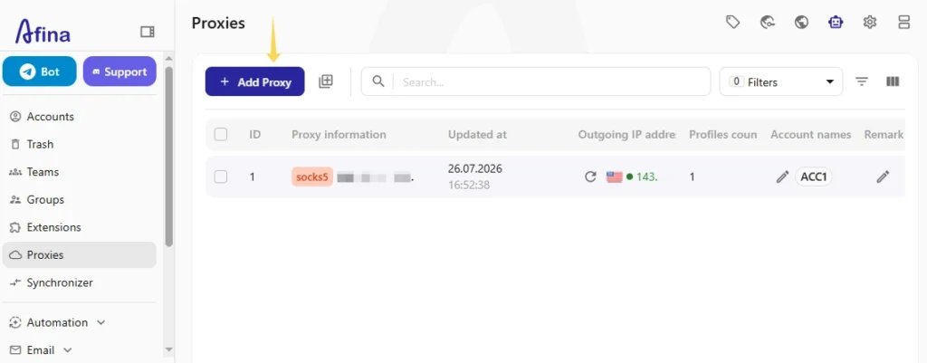 Afina Proxies section showing a saved proxy and the Add Proxy button for adding new connections.