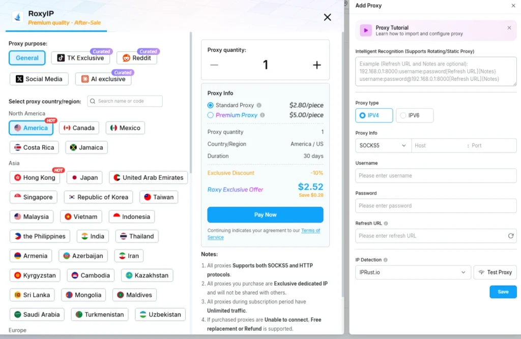 RoxyBrowser interface showing options to purchase built-in proxies or manually add HTTP, HTTPS, or SOCKS5 proxy settings.