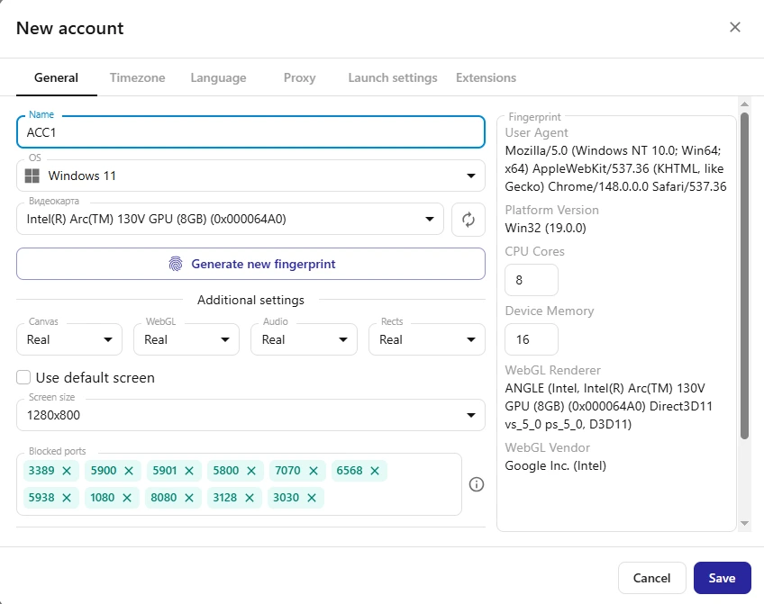 New account settings window in Afina showing browser fingerprint, operating system, and profile configuration options.