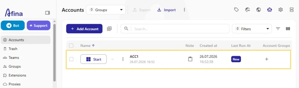 Afina account list showing a newly created browser profile ready to launch.