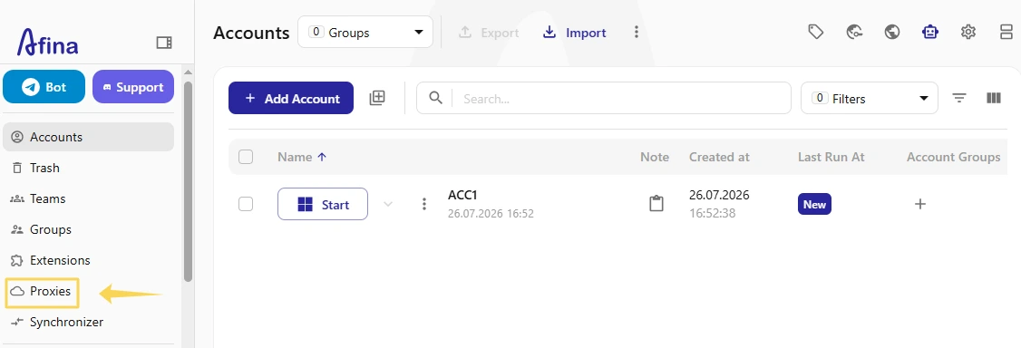 Proxies section in Afina for managing saved proxy servers.