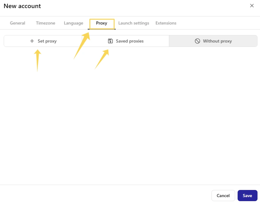 Proxy tab in Afina with options to add a new proxy or select a saved proxy.