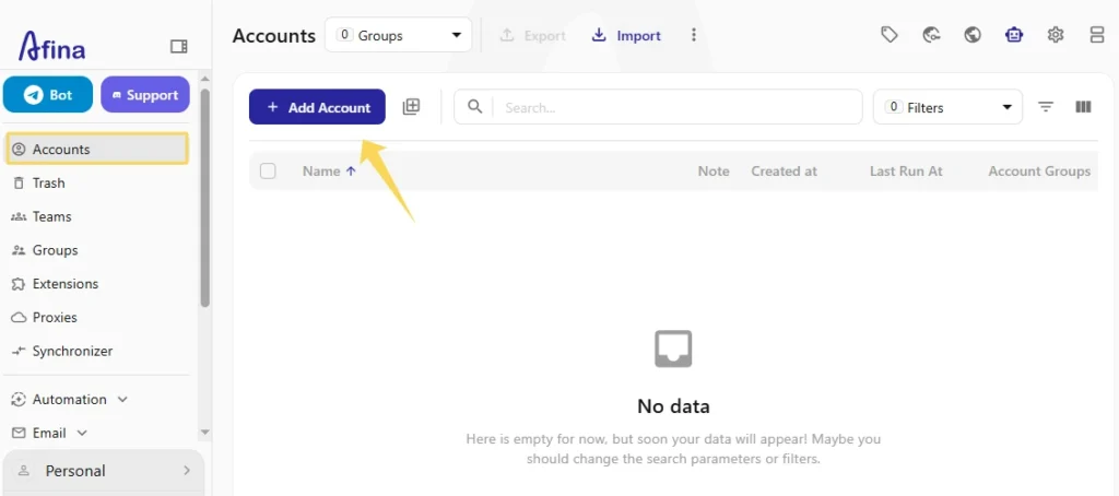 Afina interface showing the Add Account button used to create a new browser profile.