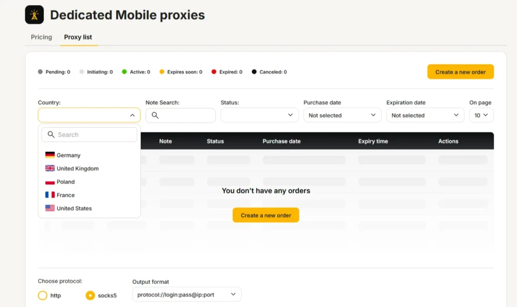 Dedicated mobile proxy list in the MangoProxy dashboard with filters and order management.