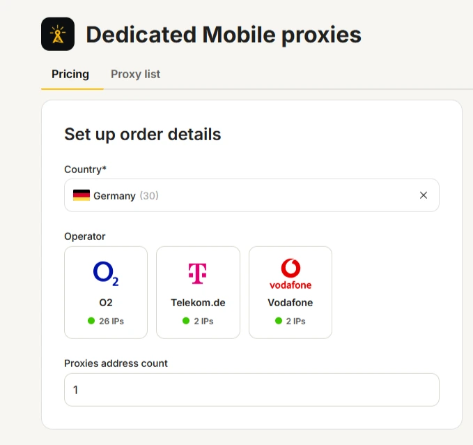 Selecting a mobile carrier when ordering dedicated mobile proxies in the MangoProxy dashboard.