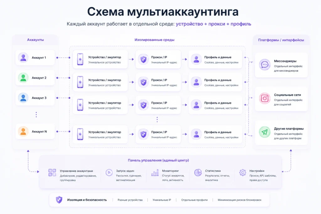Схема мультиаккаунтинга с использованием отдельных устройств, прокси и профилей для каждого аккаунта.