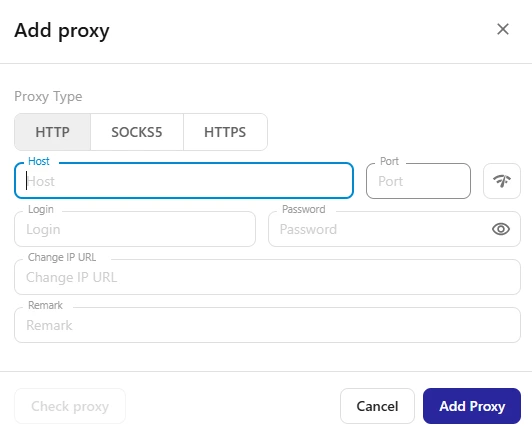 Add Proxy window in Afina for configuring an HTTP, HTTPS, or SOCKS5 proxy.