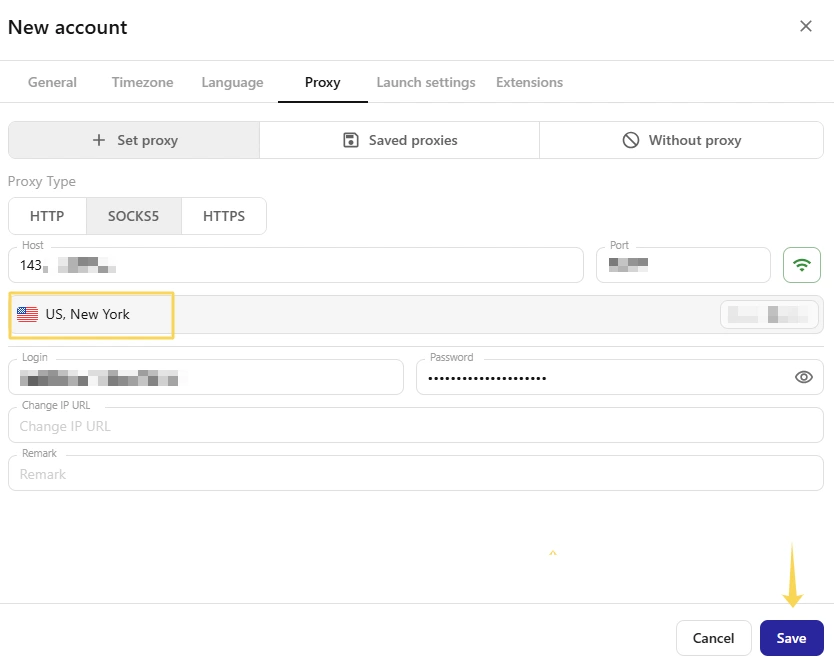 Proxy successfully verified in Afina and ready to be saved to the account settings.