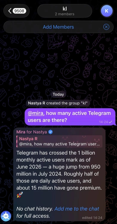 AI assistant responding in a Telegram group chat.