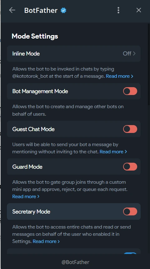 Bot mode settings in BotFather on Telegram.
