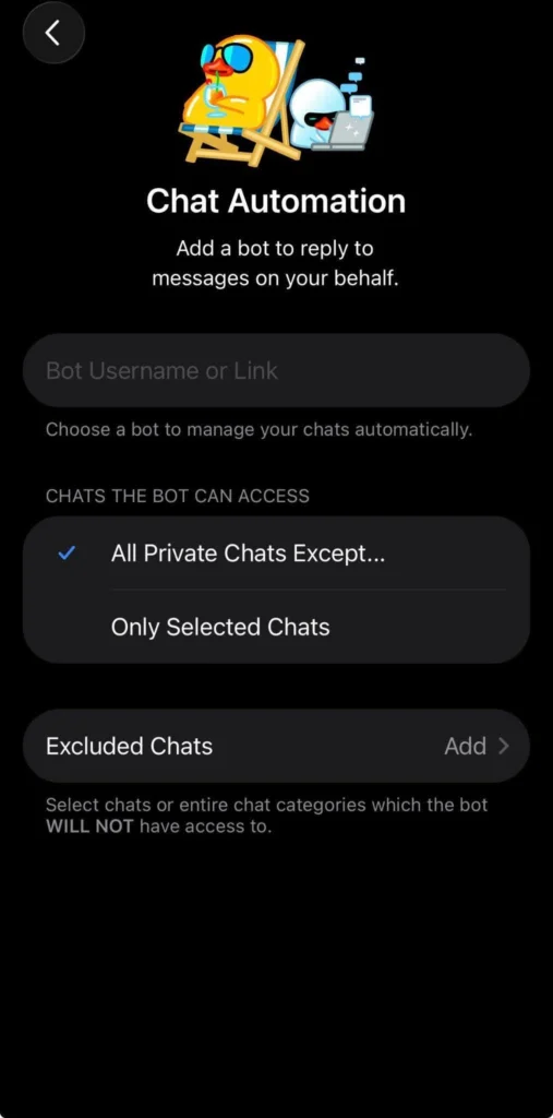 Telegram chat automation settings on a mobile device.