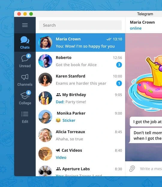 Telegram Desktop interface displaying the chat list and conversation panel.
