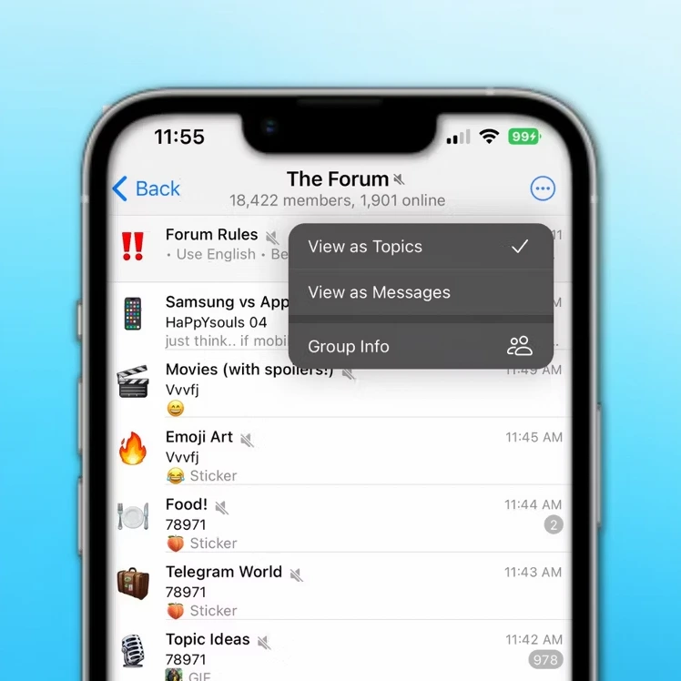 Telegram mobile app showing the forum topics view.