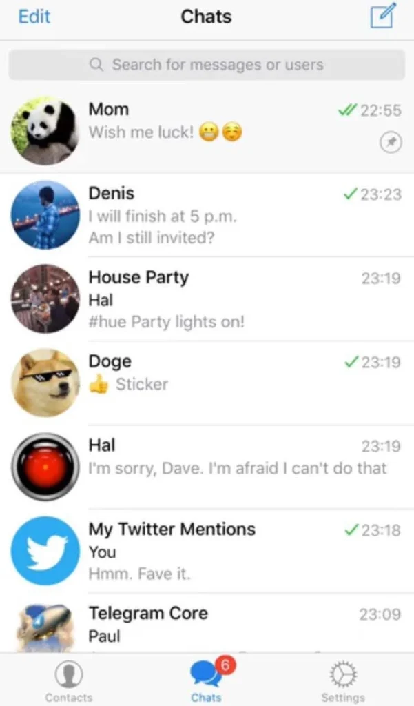 Telegram mobile app displaying the chat list on a smartphone.