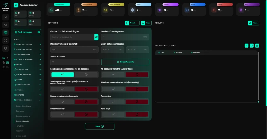 TelegramExpert Account Booster module for automating Telegram account activity through simulated conversations.