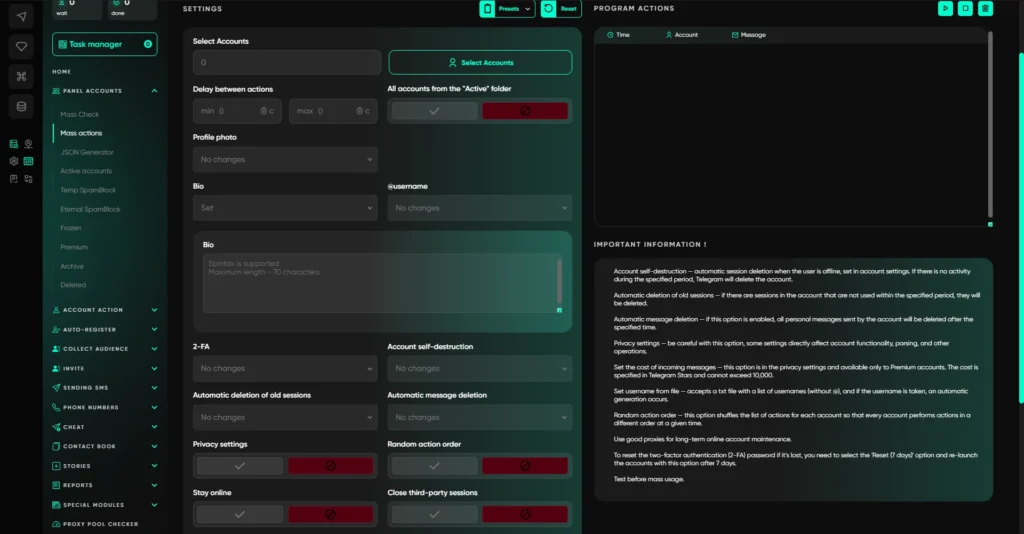 TelegramExpert Mass Actions module for bulk management of Telegram account settings and profiles.