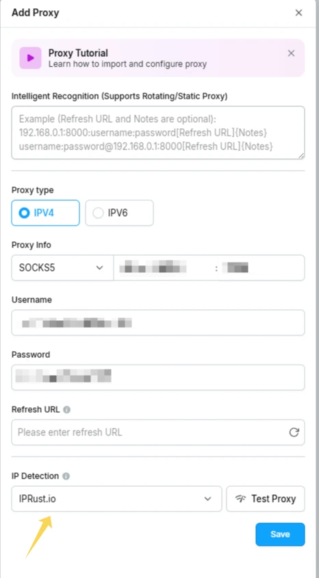 RoxyBrowser Add Proxy window with proxy settings filled in and the Test Proxy button highlighted.