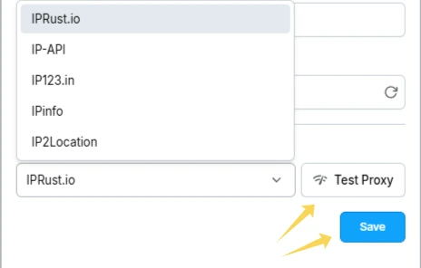 RoxyBrowser Add Proxy window showing the IP detection service selection, Test Proxy button, and Save button.