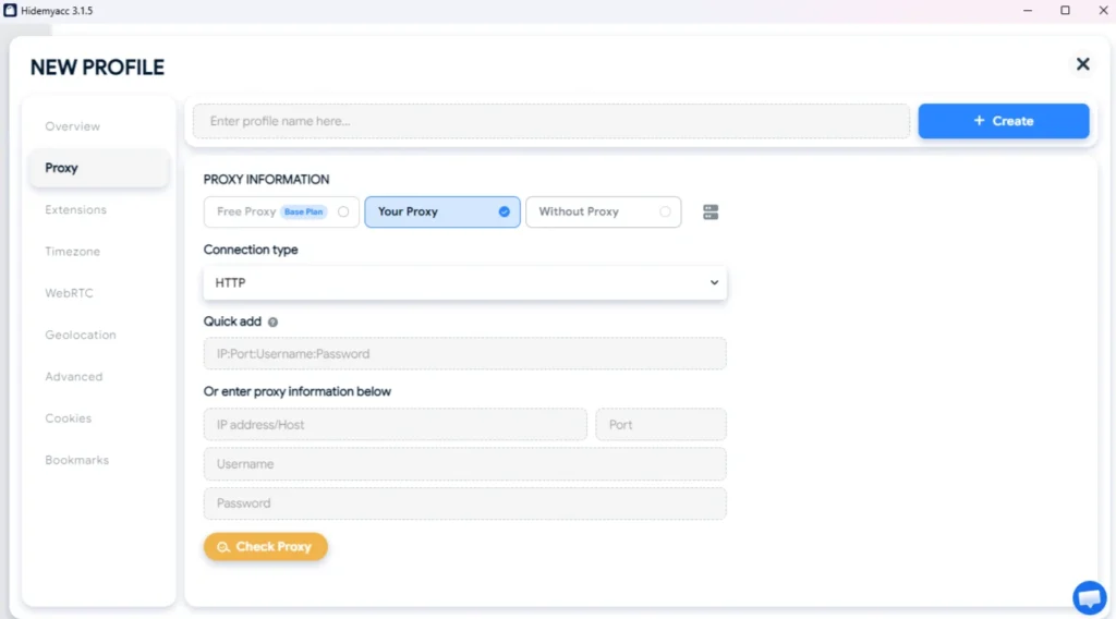 Proxy configuration window in Hidemyacc with fields for IP address, port, username, and password.