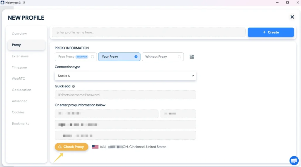 Verifying a proxy connection in Hidemyacc before creating a browser profile.