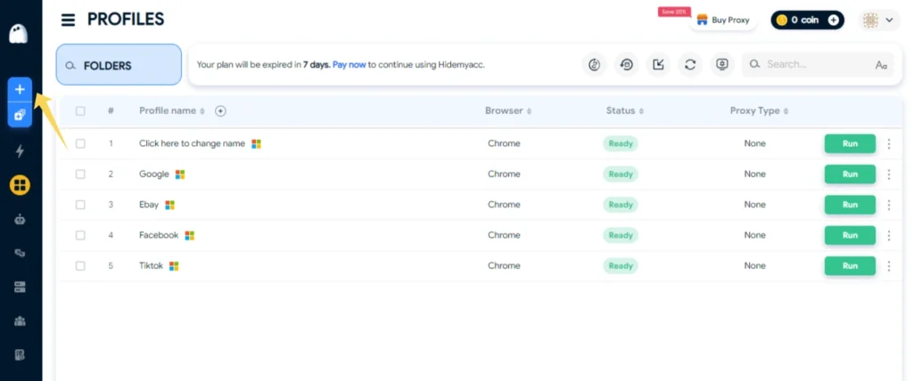 Hidemyacc interface showing the button for creating a new browser profile.
