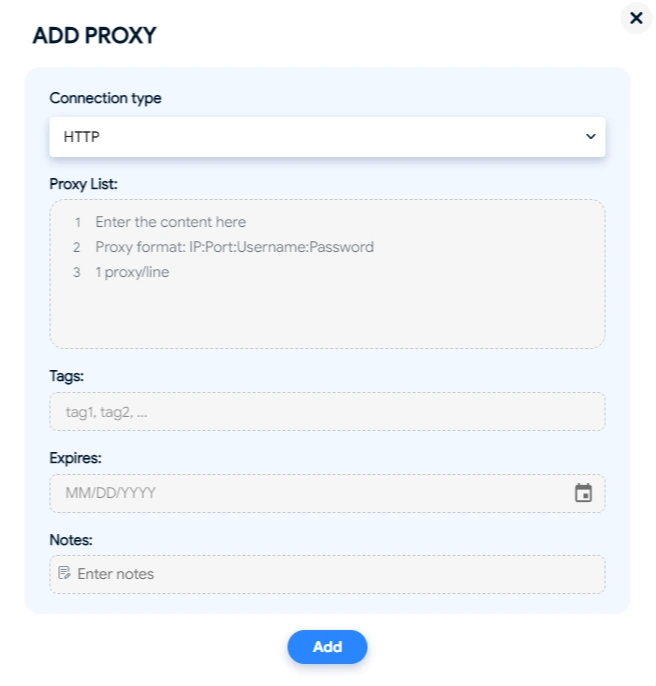 Importing a proxy list into the Hidemyacc Proxy Manager