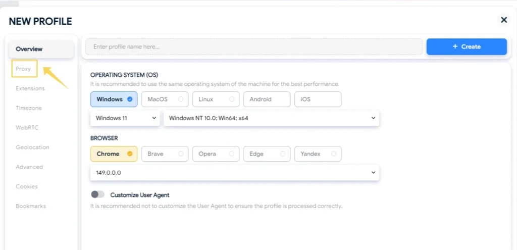 New profile window in Hidemyacc with the Proxy settings tab open.