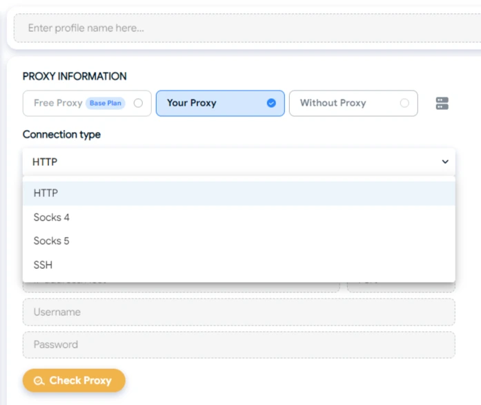 Dropdown menu for selecting the proxy connection type in Hidemyacc.