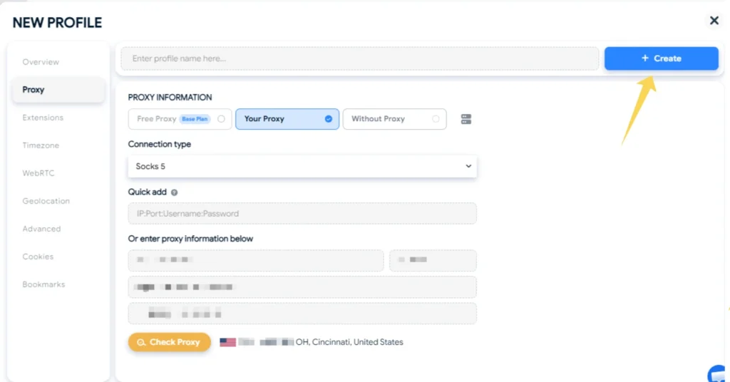 Profile creation screen in Hidemyacc after a successful proxy verification.