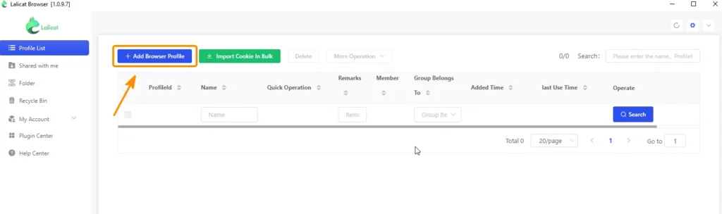 Creating a new profile in Lalicat Browser