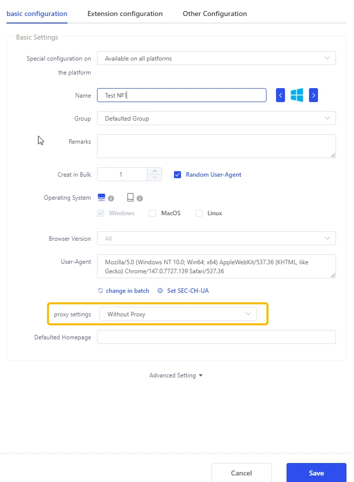 Proxy settings in a Lalicat browser profile