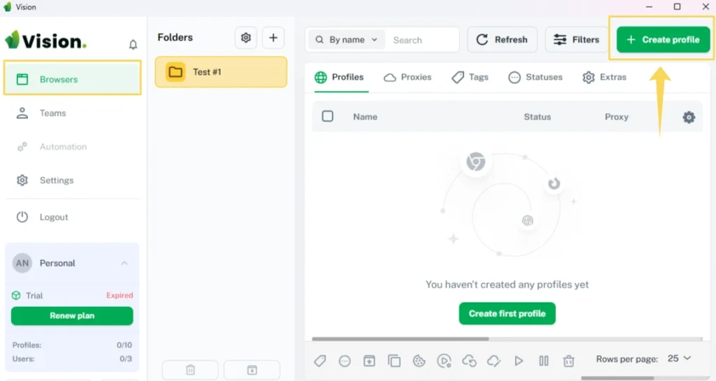 Creating a new browser profile in Vision