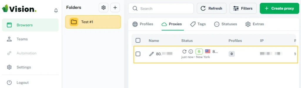 Added proxy in the Proxies section of Vision anti-detect browser