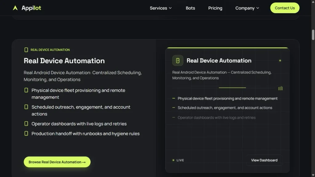 Раздел сайта Appilot об автоматизации на физических Android-устройствах.