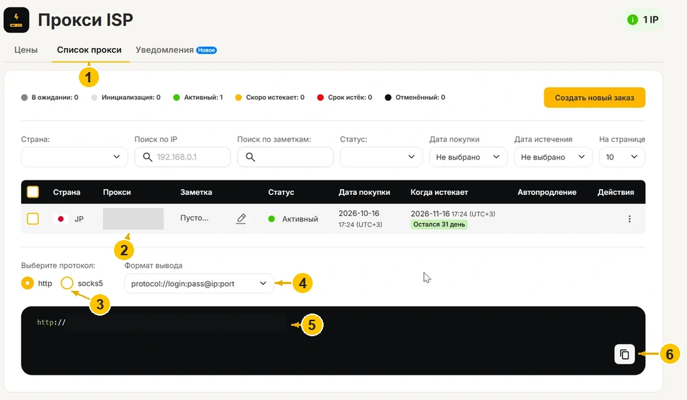 Расположение реквизитов статического ISP-прокси в кабинете MangoProxy: протокол, формат строки и копирование.