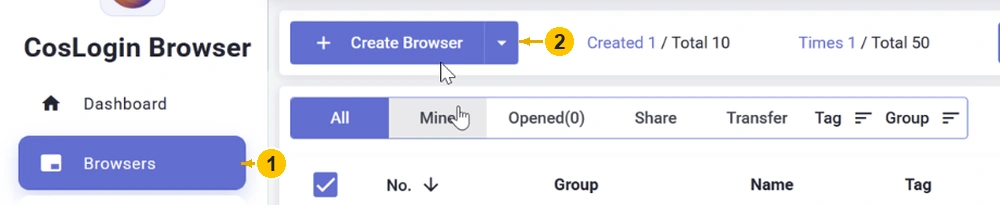 Меню Browsers и кнопка Create Browser для создания профиля CosLogin.