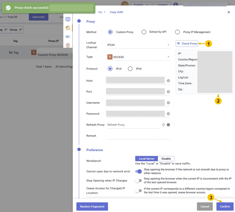 Успешная встроенная проверка прокси CosLogin: Check Proxy, панель сведений об IP и Confirm.