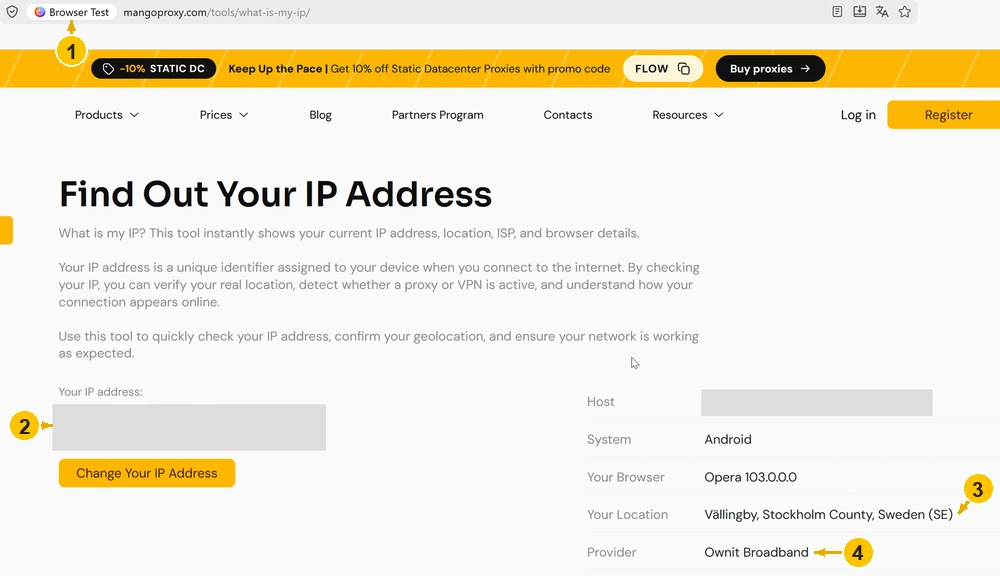 Проверка My IP в профиле Browser Test: Швеция и Ownit Broadband, IP и Host скрыты.
