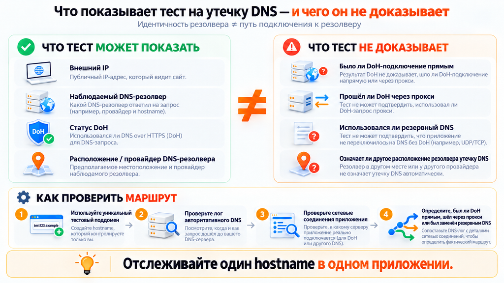 Инфографика о тесте на утечку DNS: что он может показать и чего не доказывает о маршруте DoH и использовании прокси.