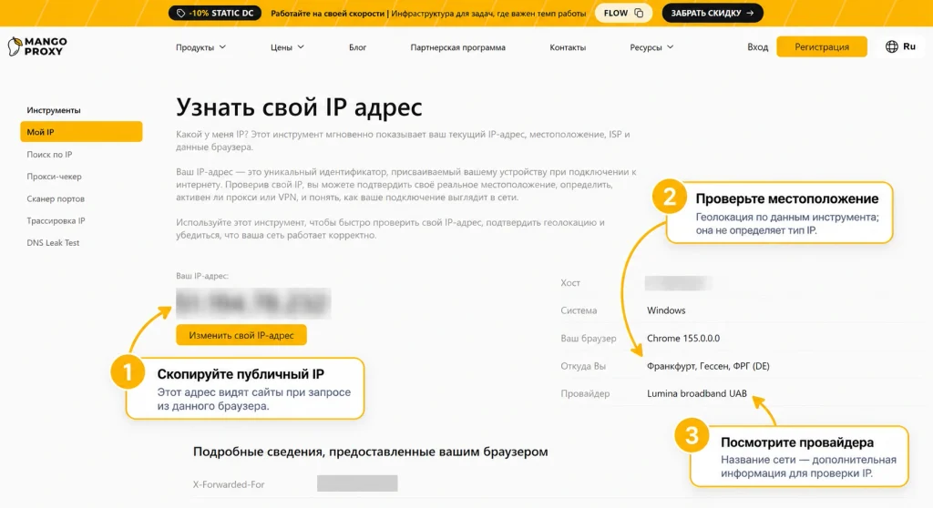 Страница «Мой IP» MangoProxy на русском языке с пояснениями к публичному IP, местоположению и провайдеру; IP, Host и X-Forwarded-For скрыты.