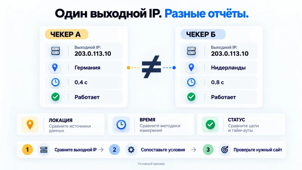 Условные отчёты двух чекеров для IP 203.0.113.10: Германия и Нидерланды, 0,4 и 0,8 секунды; ниже показаны три шага сравнения.