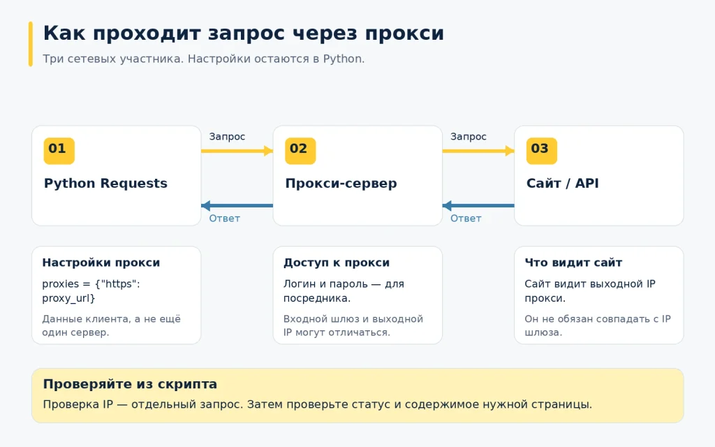 Маршрут запроса и ответа между Python Requests, прокси и сайтом; настройки показаны рядом с клиентом, а сайт видит выходной IP прокси.
