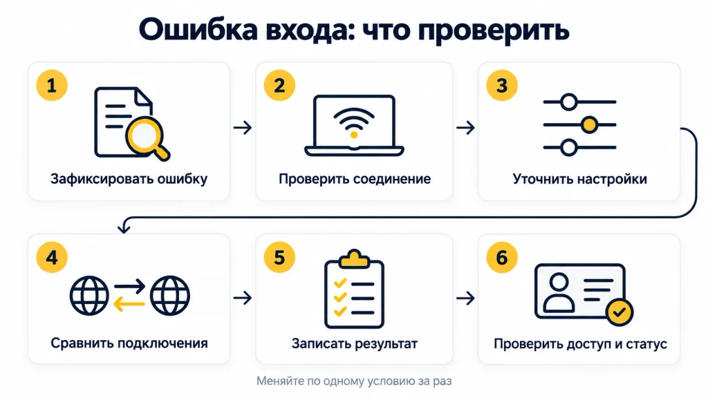 Шесть шагов диагностики: зафиксировать ошибку, проверить соединение, уточнить настройки, сравнить подключения, записать результат, проверить доступ и статус.