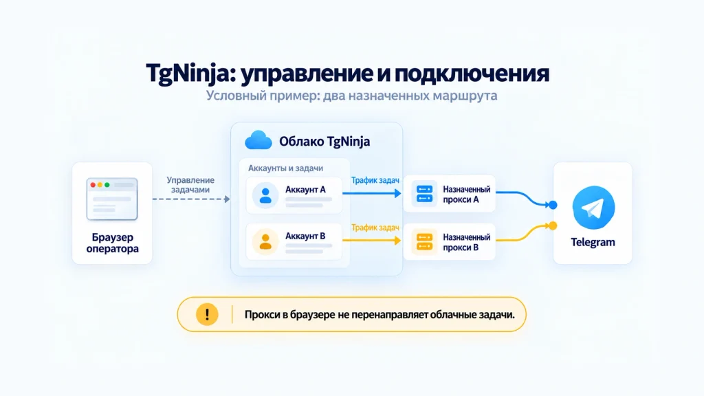 Браузер оператора управляет облаком TgNinja, а два аккаунта направляют трафик через назначенные внешние прокси к Telegram.