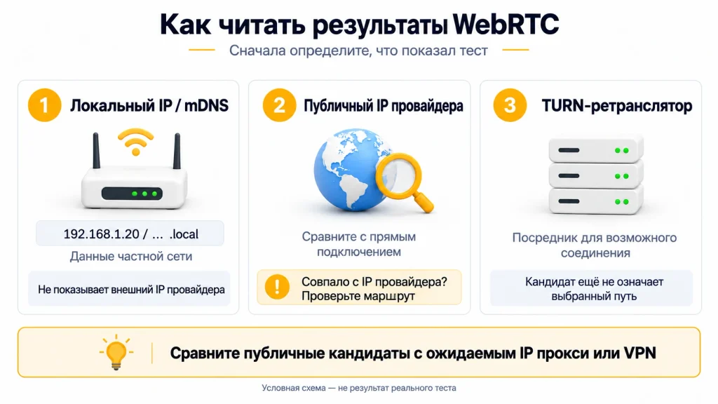 Разбор локального IP или mDNS, публичного IP провайдера и TURN-кандидата в результатах WebRTC.